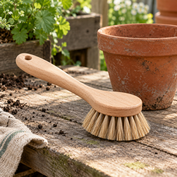 Potting Bench Cleaning Brush — AI-generated styling illustration
