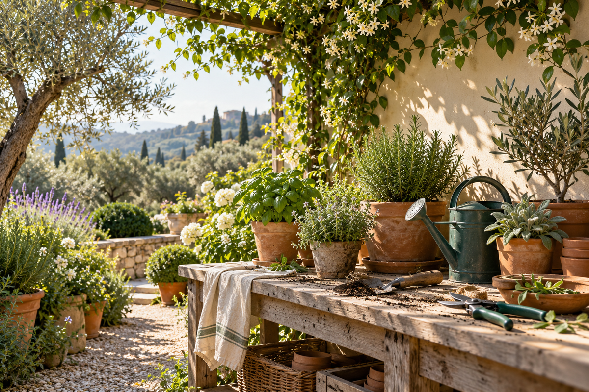 A calm garden potting bench with herbs and gardening tools