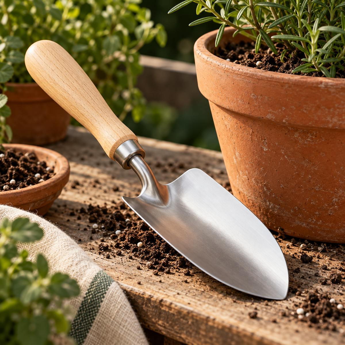 Potting Bench Hand Trowel — AI-generated styling illustration